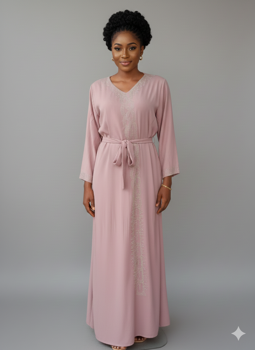 Elegant Dusty Rose Embellished Abaya Dress